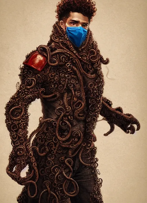 Image similar to !dream a highly detailed illustration of thick curly haired young guy wearing brown coat and face mask, with red and blue biker gloves, with wire tentacles on his back, dramatic standing pose, intricate, elegant, highly detailed, centered, digital painting, artstation, concept art, smooth, sharp focus, league of legends concept art, WLOP