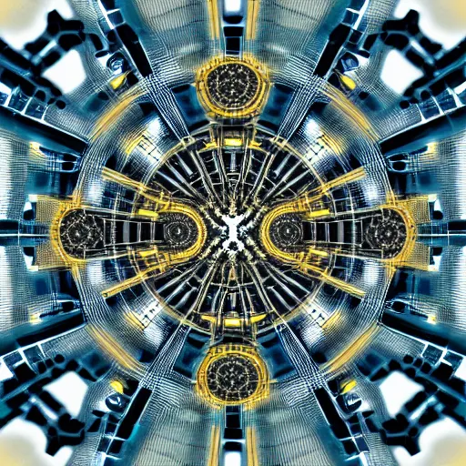 Prompt: a fractal pattern of machinery filling the sky, the dream of the Machine God