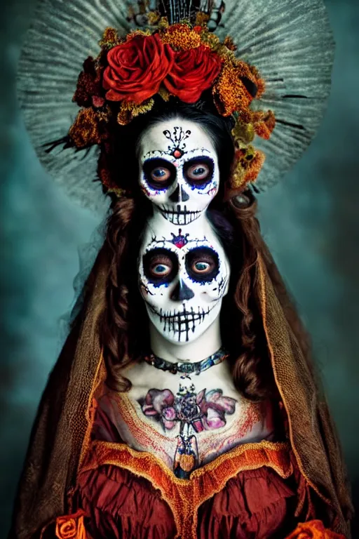 Image similar to 1 9 1 0's virgin mary dia de muertos dress and make up, horrific beautiful vibe, evocative, atmospheric lighting, painted, intricate, highly detailed, leesha hannigan, wayne haag, reyna rochin, ignacio fernandez rios, mark ryden, iris van herpen, stunning, gorgeous, sharp focus, cinematic, masterpiece