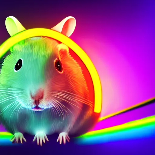 Image similar to cyberpunk hamster made of glowing neon lights holding a rainbow gem crystal, light reflection, 8 k, hd, logo