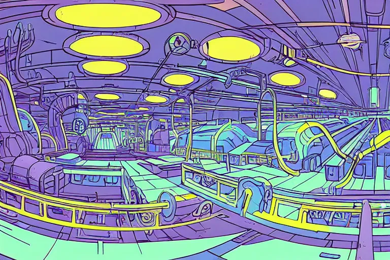 Prompt: a scifi illustration, factory interior. parallax birds eye view. fisheye. vats of fluid. flat colors, limited palette in FANTASTIC PLANET La planète sauvage animation by René Laloux