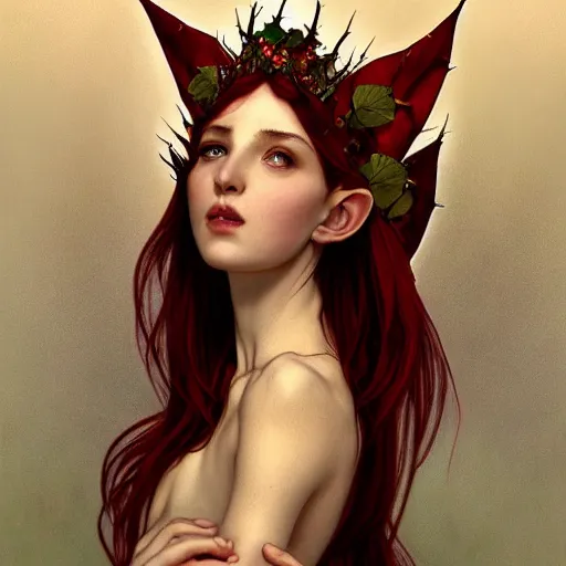 Image similar to portrait of very beautiful elf, rose thorn crown, thorns everywhere, headshot, pale skin, 4k, rule of thirds, extreme detail, detailed drawing, trending artstation, hd, fantasy, D&D, realistic lighting, by Alphonse Mucha, Greg Rutkowski, sharp focus, backlit, bright red hair, elegant