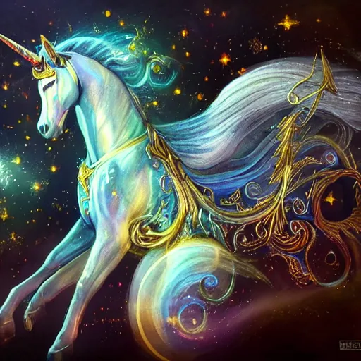 Prompt: a wlop 3 d render of very very very very highly detailed beautiful mystic portrait of a phantom undead golden unicorn with whirling galaxy around, tattoos by anton pieck, intricate, extremely detailed, digital painting, artstation, concept art, smooth, sharp focus, illustration, intimidating lighting, incredible art,