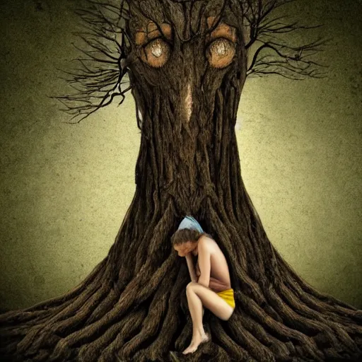 Prompt: Woman grown into a tree, dark, art