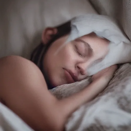 Prompt: face portrait of sleeping girl in the white bed