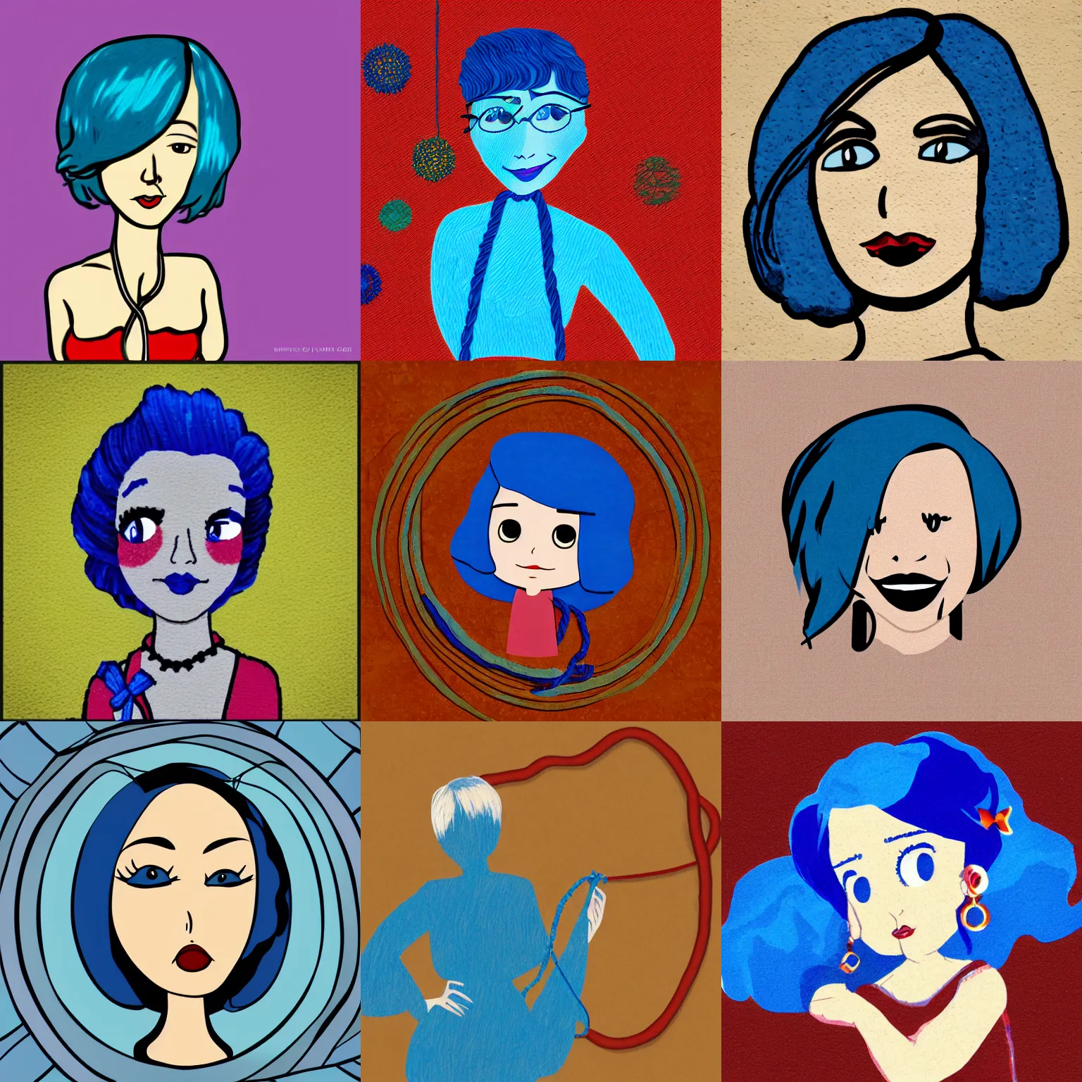 Prompt: short blue haired woman, rope art, american pop animation style
