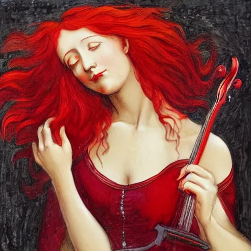 Image similar to woman with red hair red dress at the center of the stage playing redwood violin, artistic, renaissance, soft, detailed, art nouveau, artwork of the century, precision