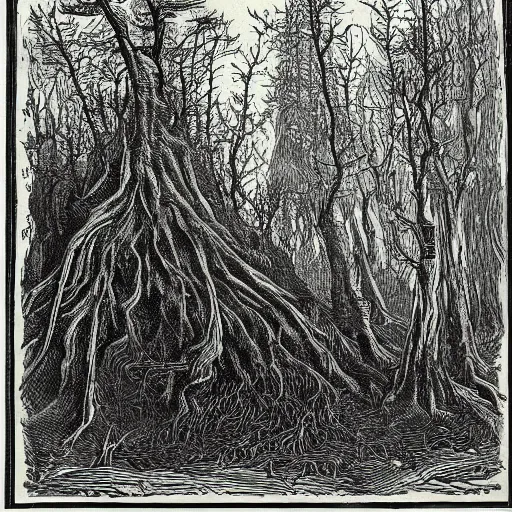 Prompt: An evil bog, full of trees with faces. Gustave Dore. Woodcut. Black and White.