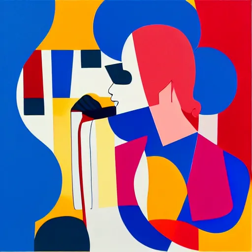 Image similar to portrait of a person on the phone, abstract painting in the style of Sophie Taeuber-Arp and Gary Hume and Tatsuro Kiuchi, flat colour-block style, geometric abstraction, dark colours