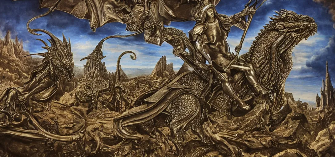 Prompt: St. George And The Dragon by H.R. Giger, full complete scene, detailed, ornate, sharp focus, accurate, intricate, award wining, original modern artwork, ethereal Light, rgb, ethereal lighting, 4K