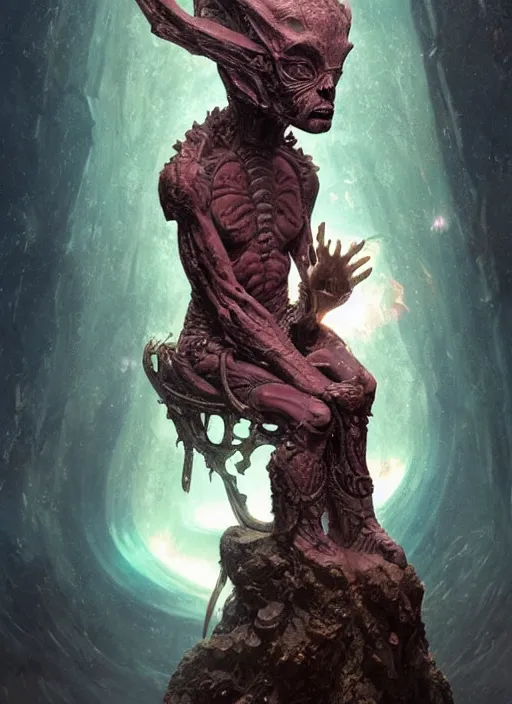 Prompt: hyper realistic photography of intricate symmetric strange alien child god sitting on ruined ornamented opal throne in a crystal cave detailed, greg rutkowski, mignola, moebius, artstation, cgsociety