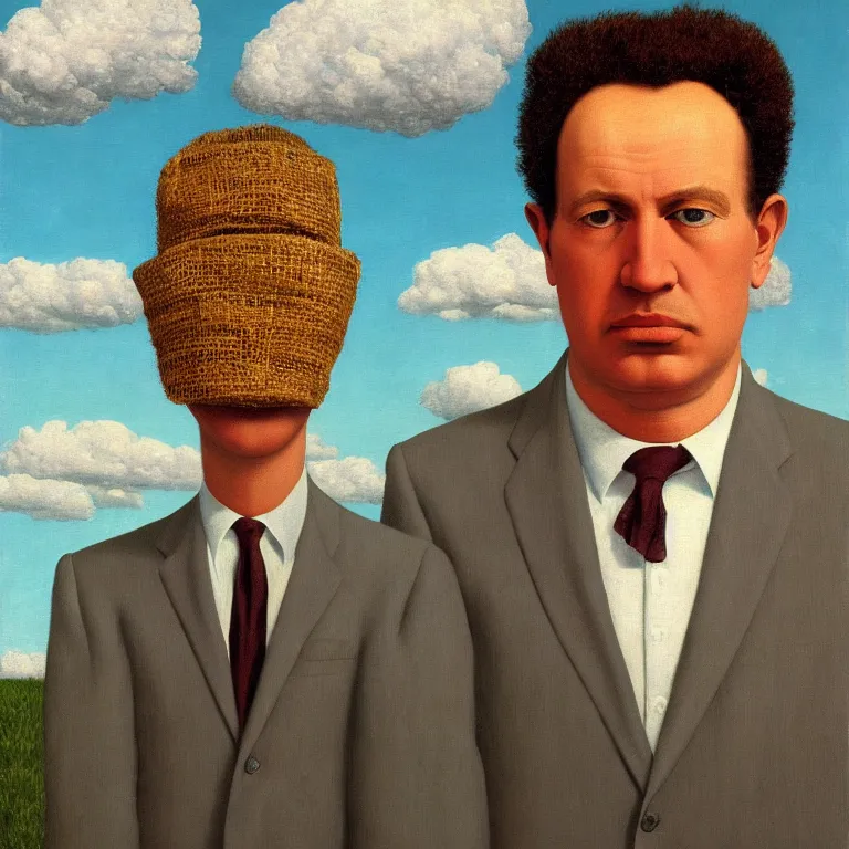 Prompt: portrait of a burlap sack - head man in a suit, clouds in the background, by rene magritte, detailed painting, distance, centered, hd, hq, high resolution, high detail, 4 k, 8 k