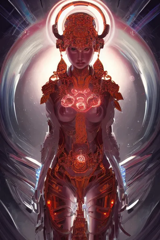 Image similar to asura from chinese myth, ghost, mecha, symmetrical. sci - fi, tech wear, glowing lights, intricate, elegant, highly detailed, digital painting, highly detailed, digital painting, artstation, concept art, smooth, sharp focus, illustration, art by artgerm and greg rutkowski and alphonse mucha