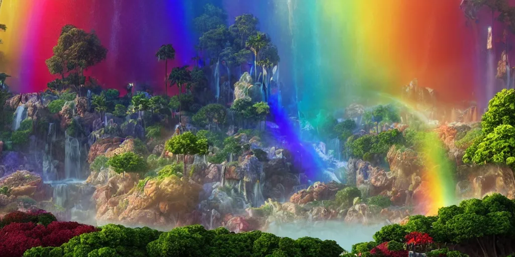 Prompt: a octane render of a landscape with a epic city and aquamarine coloured gras beautiful trees made from gold and rainbow liquid waterfalls and marvel hell riders with rainbow flames as citizen hollywood style, by waya steurbaut entertainment, dark, intricate, highly detailed, smooth, artstation, high resolution film render 100k, photo realistic style, epic, colourful, close up shot, 3D