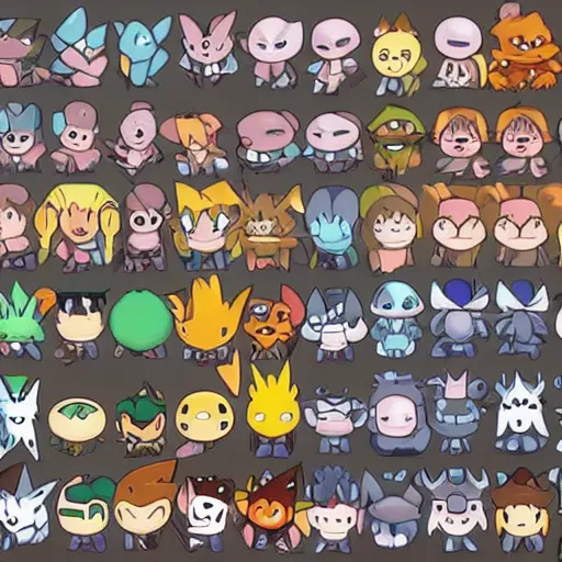 Prompt: zoomed in sprite sheet, collection of cute pokemons, anime, illustration, character concept art, character modeling, each sprite is a different character, full page grid sprite sheet, science fiction, rich colors