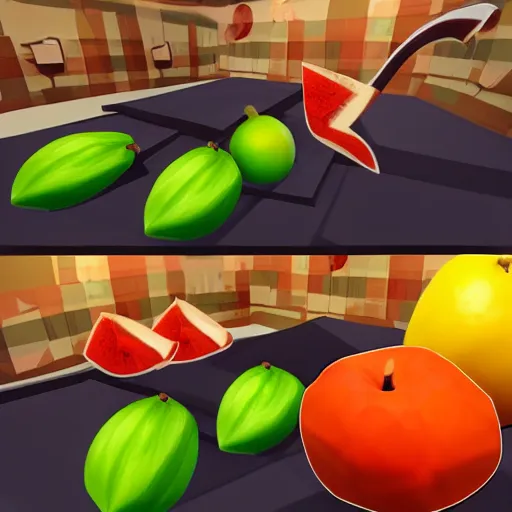 Prompt: vr game, first person, axe equipped, variety of fruits on the background, low poly