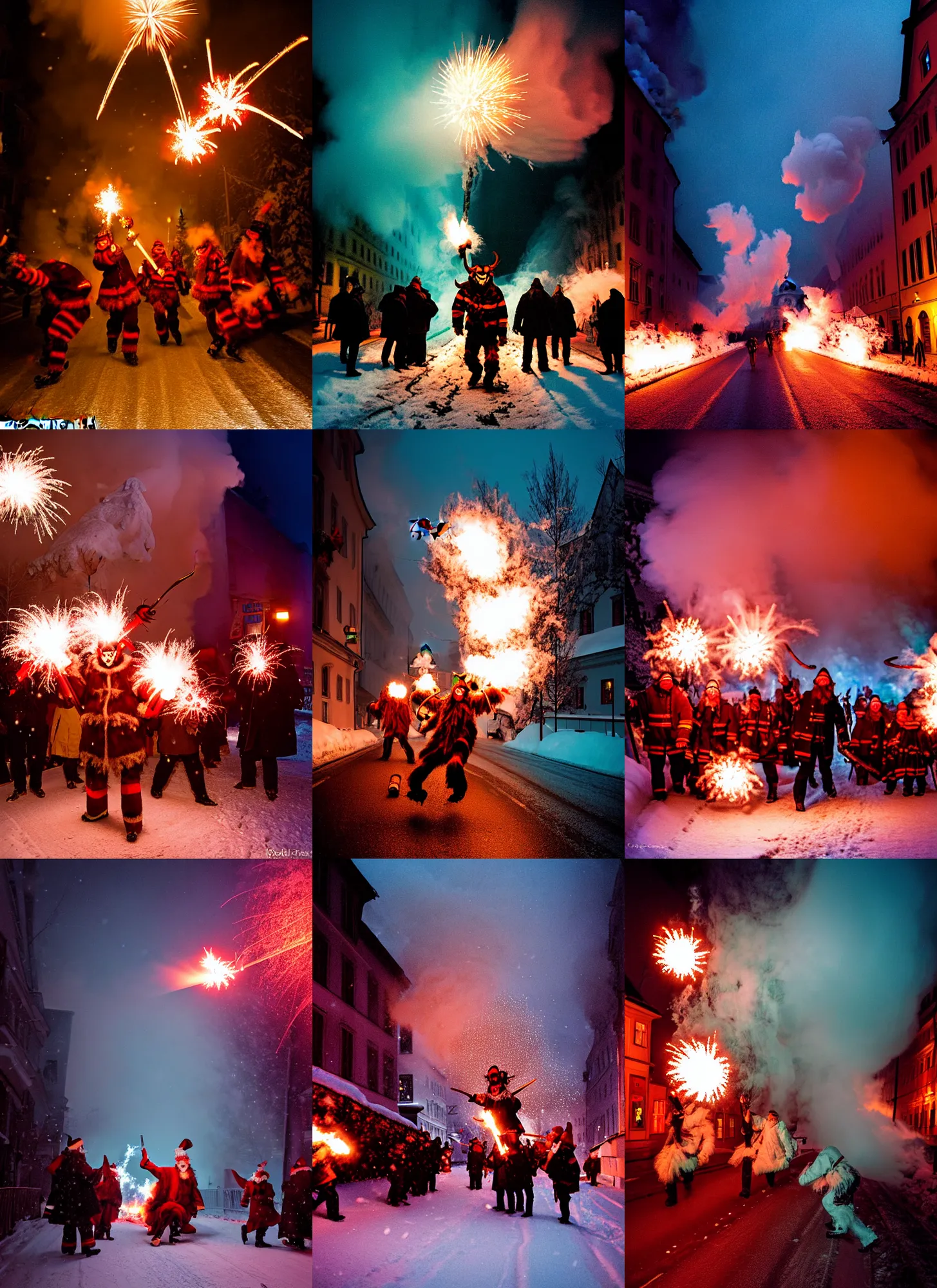 Prompt: kodak portra 4 0 0, winter, snowflakes, hellfire, award winning dynamic photo of a bunch of hazardous krampus between exploding fire barrels by robert capas, motion blur, in a narrow lane in salzburg at night with colourful pyro fireworks and torches, teal lights