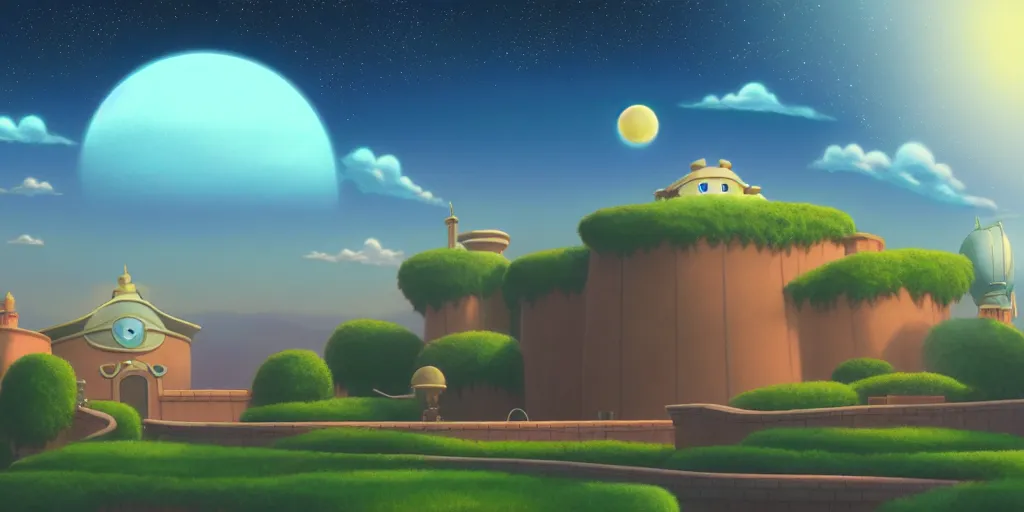 Prompt: background plate matte painting ghibli miyamoto pixar dreamworks rosalina's comet observatory.