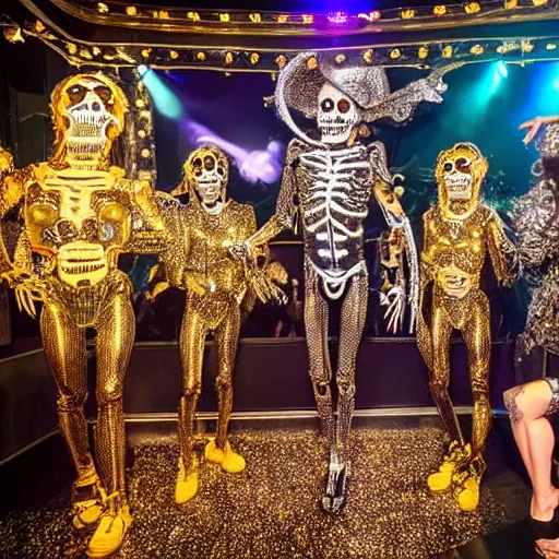 Image similar to professional nightclub photo, a giant crowd of realistic shiny reflective chrome skeletons covered in diamonds dancing wildly and sensually, inside a black and gold fancy high end highly themed rococo nightclub with fog and blue lasers