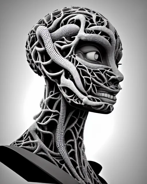 Image similar to a black and white 3D render of a young beautiful female queen-dragon-cyborg bust with a very long neck and a Mandelbrot fractal face, anatomical, flesh, facial muscles, veins, arteries, full frame, microscopic, elegant, highly detailed, flesh ornate, cable wires, elegant, high fashion, rim light, octane render, in the style of H.R. Giger, Realistic, Refined, Digital Art, Highly Detailed, Cinematic Lighting, rim light, black and white, photo-realistic, 8K