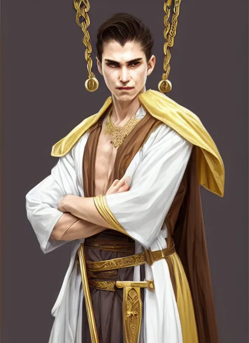 Prompt: symmetry!! d & d portrait of a young hin male cleric, white robe with gold accents, light brown hair pony tail, wry smirk, brown, gold and white cloak, necklace, elegant, highly detailed, digital painting, artstation, concept art, smooth, sharp focus, illustration, art by artgerm and greg rutkowski and alphonse mucha