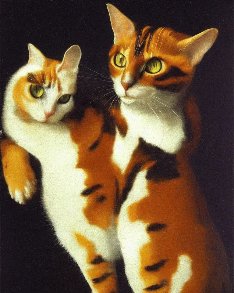 Image similar to oil painting of a calico cat by vermeer. black background, three - point lighting, enchanting.