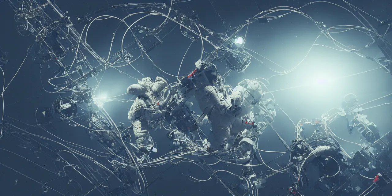 Prompt: astronaut entangled by a lot of cables, connected to a supercomputer designed by Dieter Rams, cinematic lighting, haze, moonlight, strong shadows, octane render, lens flare