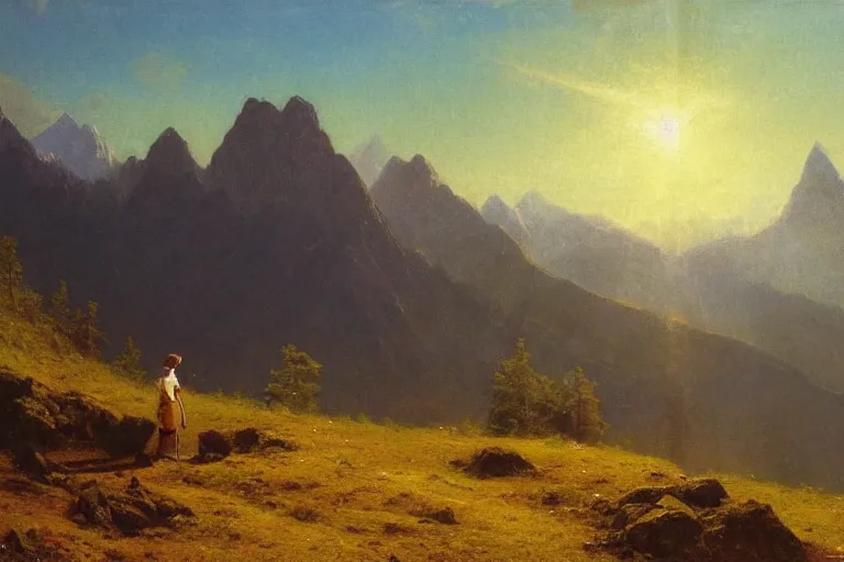 Prompt: a traveler wandering trough the mountains looking at the clouds, very detailed, oil painting, cinematic lighting, albert bierstadt, trending on artstation, colorful, canvas, sunset, hans dahl, theodor kittelsen, hermann hendrich, national geographic