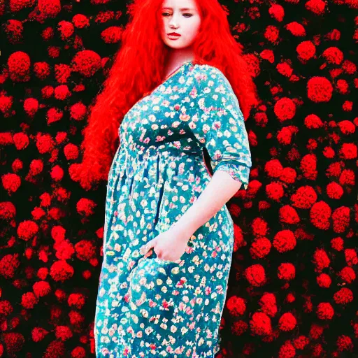 Image similar to DSLR photography of a gorgeous red haired woman with big curly hair and freckles, curvy figure wearing dress with flower print, trending on instagram