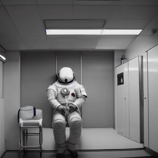 Image similar to a beautiful photo of an astronaut waiting in a laundromat, 1970', soft light, morning light, photorealistic, realistic, octane, 8k, cinematic shot