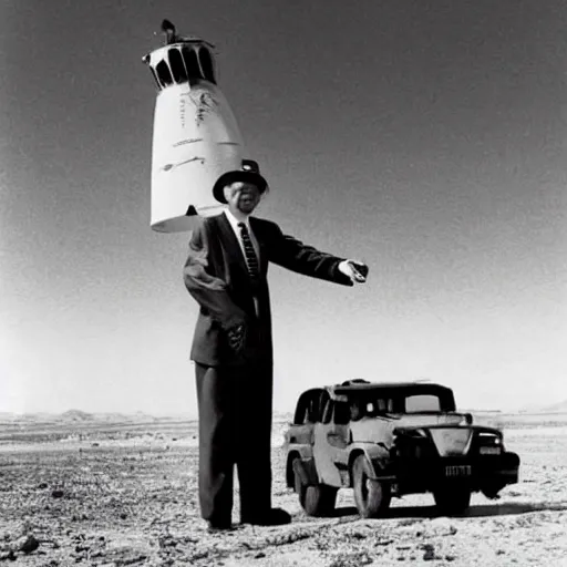 Image similar to president eisenhower aboarding a ufo in the desert as high ranked government officials are watching, black and white old photo