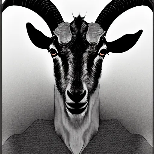 Prompt: detailed portrait of vladimir putin in the form of a goat with detailed big horns, with a pentagram on the background