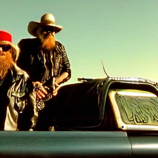 Prompt: ZZ Top sitting in back of a pickup truck bed in Mad Max Road Warrior, interior, screenshot, cinematic Eastman 5384 film