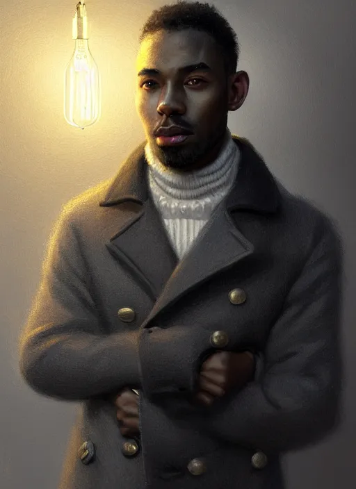 Image similar to portrait of handsome black man wearing grey peacoat, baroque lightbulb idea, middle aged and fit, elegant atmosphere, glowing lights, highly detailed, digital painting, artstation, concept art, smooth, sharp focus, illustration, art by wlop, mars ravelo and greg rutkowski