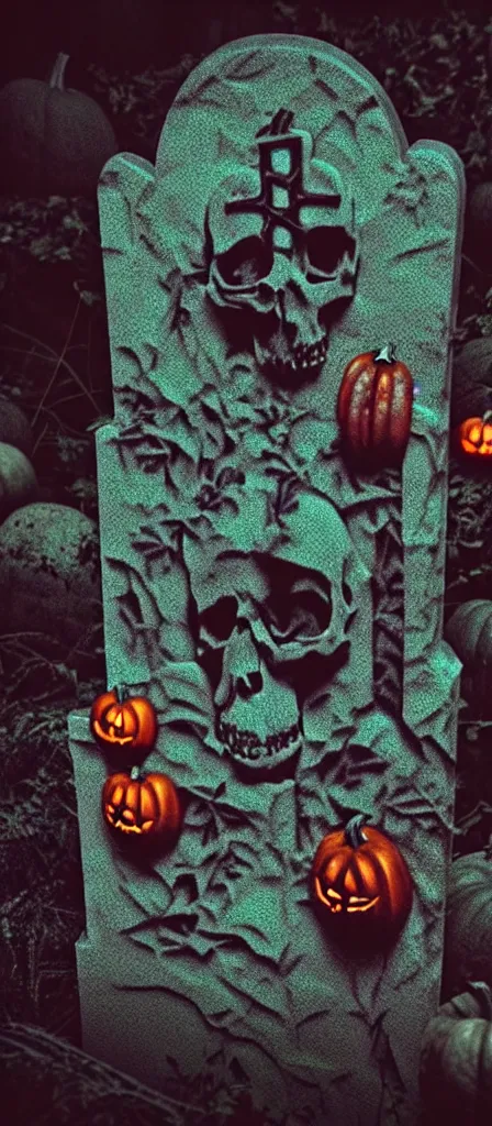Image similar to an closeup astatic d 1 0 4 microphone with a detailed matte painting of a muted skullpunk vaporwave ombre. a small creepy garden at night with cross - shaped tombstone and pumpkins. detailed with strong clean lines.