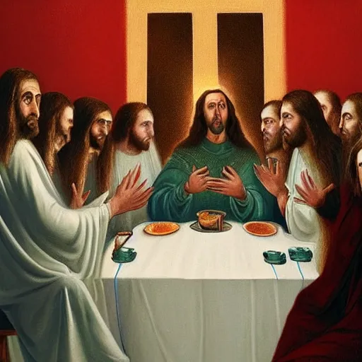 Image similar to nic cage in the last supper as painted by ray kurzweil