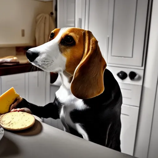 Prompt: a beagle stealing cheese from the counter.