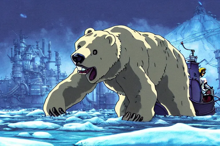 Image similar to cell shaded cartoon of a giant lovecraftian mechanized polar bear from howl's moving castle ( 2 0 0 4 ), wading through an icy river, full body, wide shot, very muted colors, post grunge, studio ghibli, highly detailed, deviantart, art by artgem