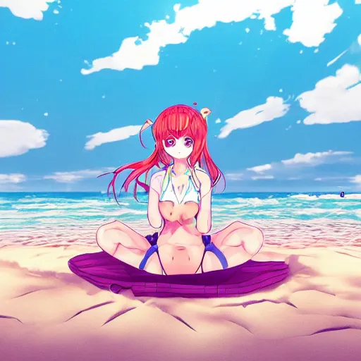 Image similar to monika of doki doki literature club relaxing at the beach | gelbooru image database | sankakucomplex image database | shuushuu image database | safebooru digital art image | trending on instagram | behance colored background stunning | konachan 1 0 8 0 p wallpaper