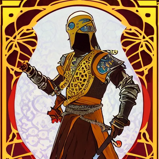 Image similar to an ultra detailed vector image of solaire of astora dressed as the prince of persia, concept art by alphonse mucha and greg rutkowski, bright red desert sands, bright yellow and red sun, octane render, praise the sun