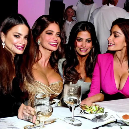 Image similar to candid group photo of sofia vergara and salma hayek and penelope cruz and catherine zeta jones and eva mendes, sitting at a table at an event, laughing