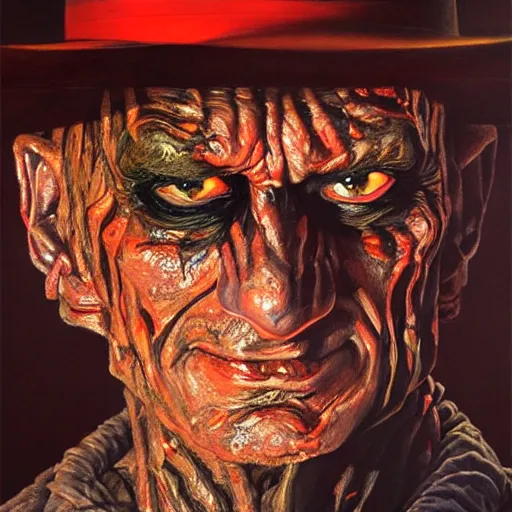 Image similar to ultra realistic portrait painting of freddy krueger, art by frank frazetta, 4 k, ultra realistic, highly detailed, epic lighting