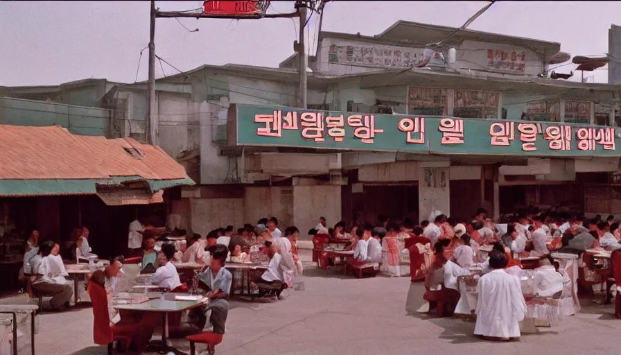 Prompt: 70s movie still of north korean restaurant, eastmancolor, heavy grain, high quality, higly detailed