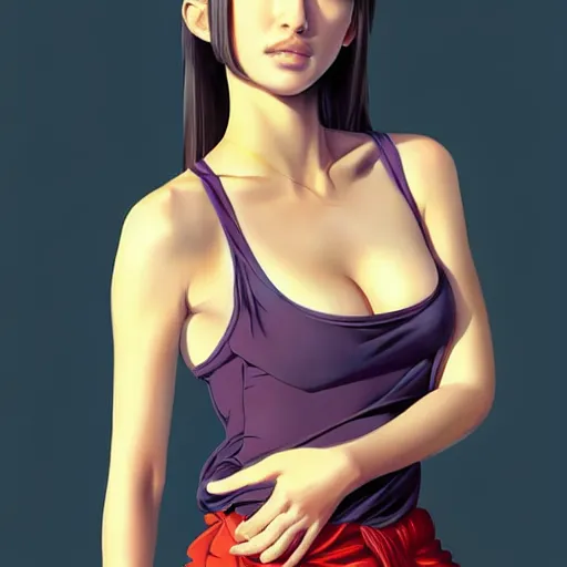 Image similar to a beautiful young japanese natalie portman alluring gravure model, wearing elegant designer tank top, elegant tank top with mesoamerican patterns, by akira toriyama and wlop and ilya kuvshinov and artgerm and, aesthetic, gorgeous, stunning, alluring, attractive, artstation, deviantart, pinterest, digital art