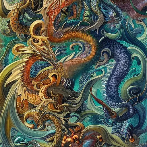 Prompt: dragons by android jones, earnst haeckel, james jean. behance contest winner, generative art, baroque, intricate patterns, fractalism