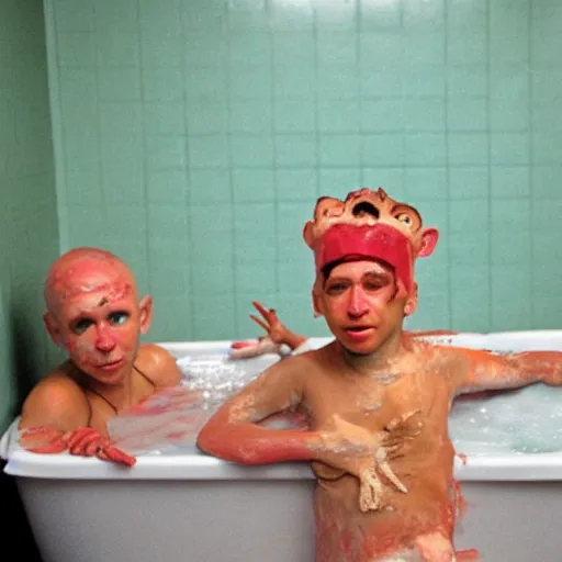Prompt: characters from gummo sitting in a dirty bath tub with bacon taped to the wall