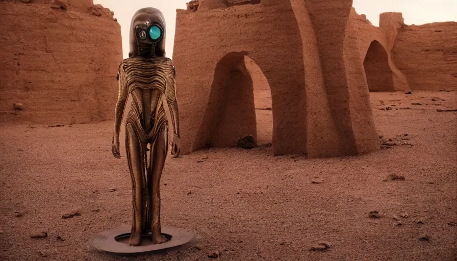 Prompt: levitating bene gesserit reflecting mask in a dry rocky desert landscape, alien city ruins designed by giger, giant abandoned alien city by christopher doyle and alejandro jodorowsky, anamorphic lens, kodakchrome, cinematic composition, very detailed photo, 8 k