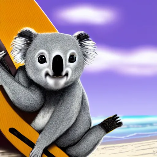 Image similar to koala driving a skateboard on miami beach, digital art