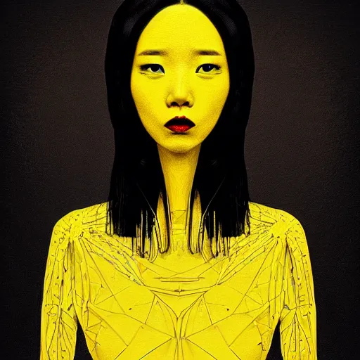 Prompt: woman in a yellow dress, an album cover by kim deuk - sin, tech wear, intricate, trending on cg society, pop surrealism, horror film, movie poster, dark