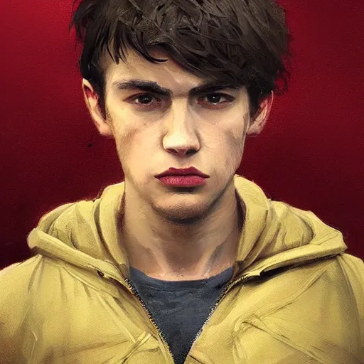 Image similar to Portrait of a man by Greg Rutkowski, he is about 20 years old, gallant, straight jaw, attractive, short brown hair with bangs, athletic and strong, he is wearing red and black utilitarian jumpsuit, highly detailed portrait, digital painting, artstation, concept art, smooth, sharp foccus ilustration, Artstation HQ.